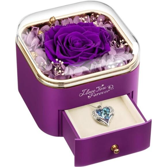NEWNOVE Preserved Real Purple Rose with Angle Wings Necklace, Forever Flowers